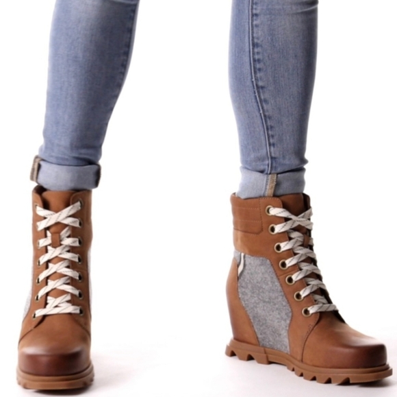 Sorel Lexie Wedge Leather Lace Up Tan Boots Size 9 New - Picture 2 of 16